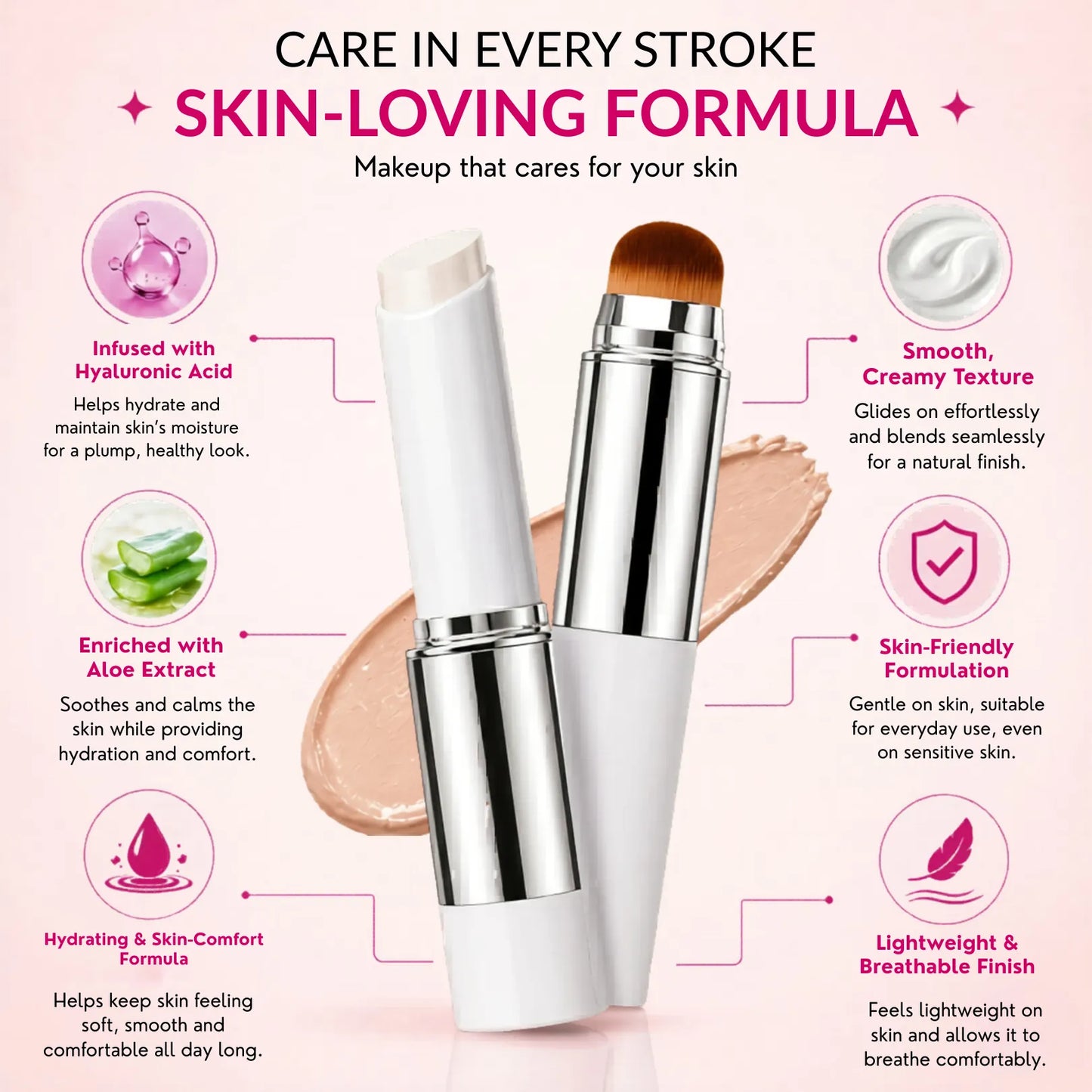 Korean 2‑in‑1 Color‑Changing Foundation Stick with Travel Brush